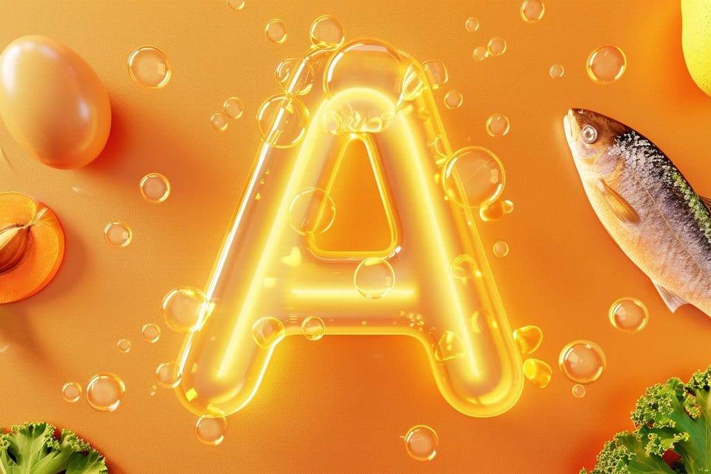 Illuminated vitamin A letter with bubbles and food sources. Generated AI.